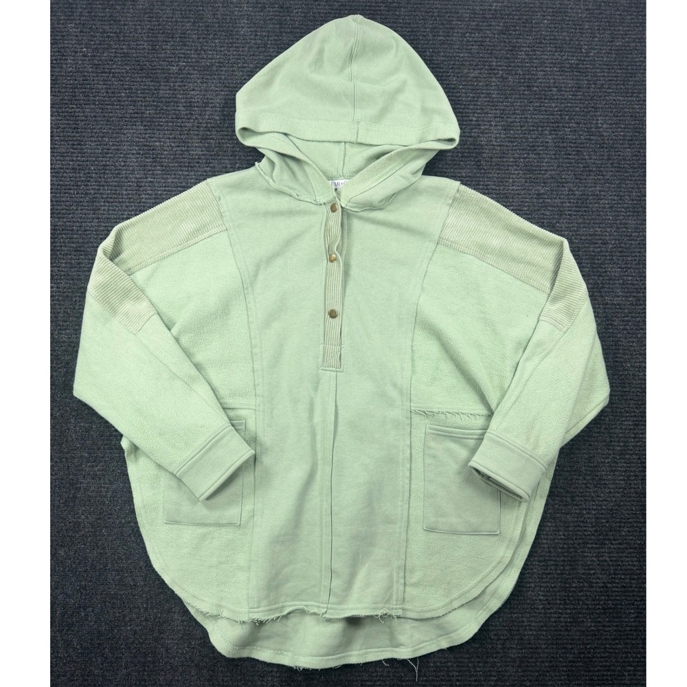 AEMI+CO Sage Green Oversized Henley Hoodie Mixed Media Corduroy Large